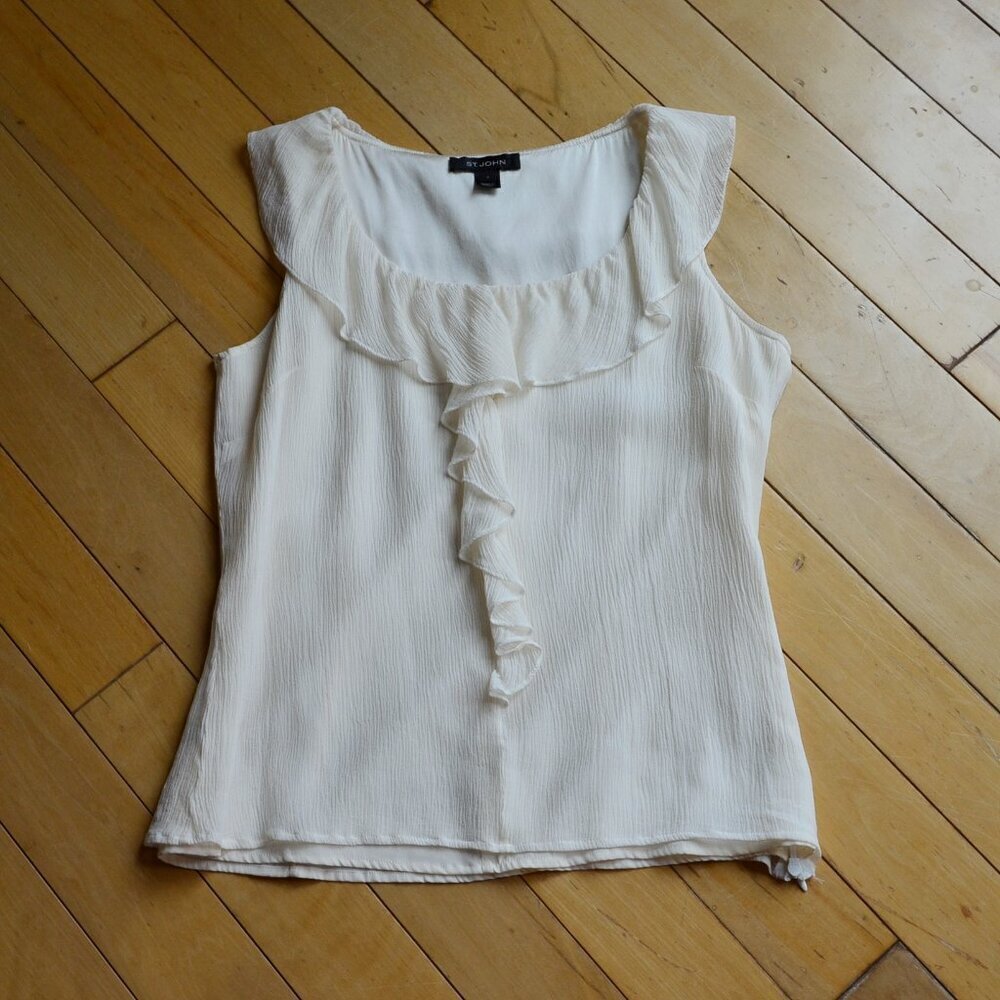 St. John Ruffle Front Silk Top Size P XS Offwhite Women